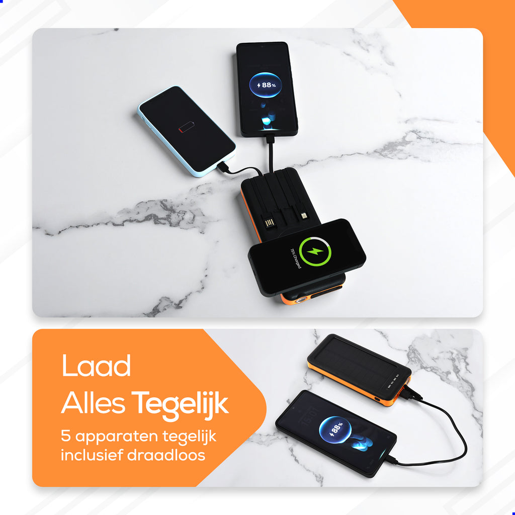 Ferera Solar Powerbank- ingebouwde kabels
