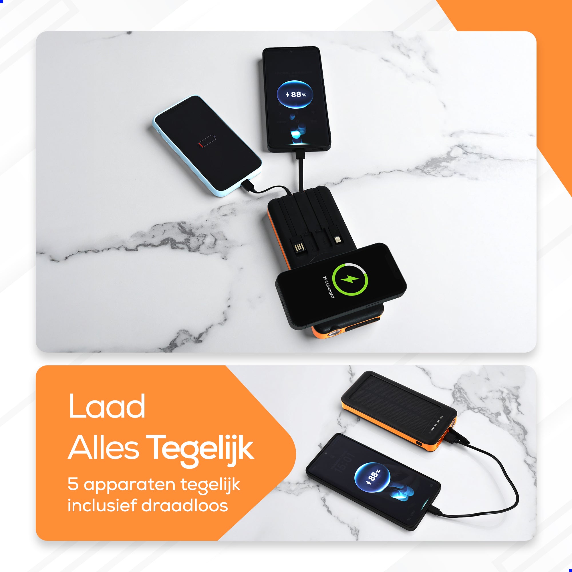 Ferera Solar Powerbank- ingebouwde kabels