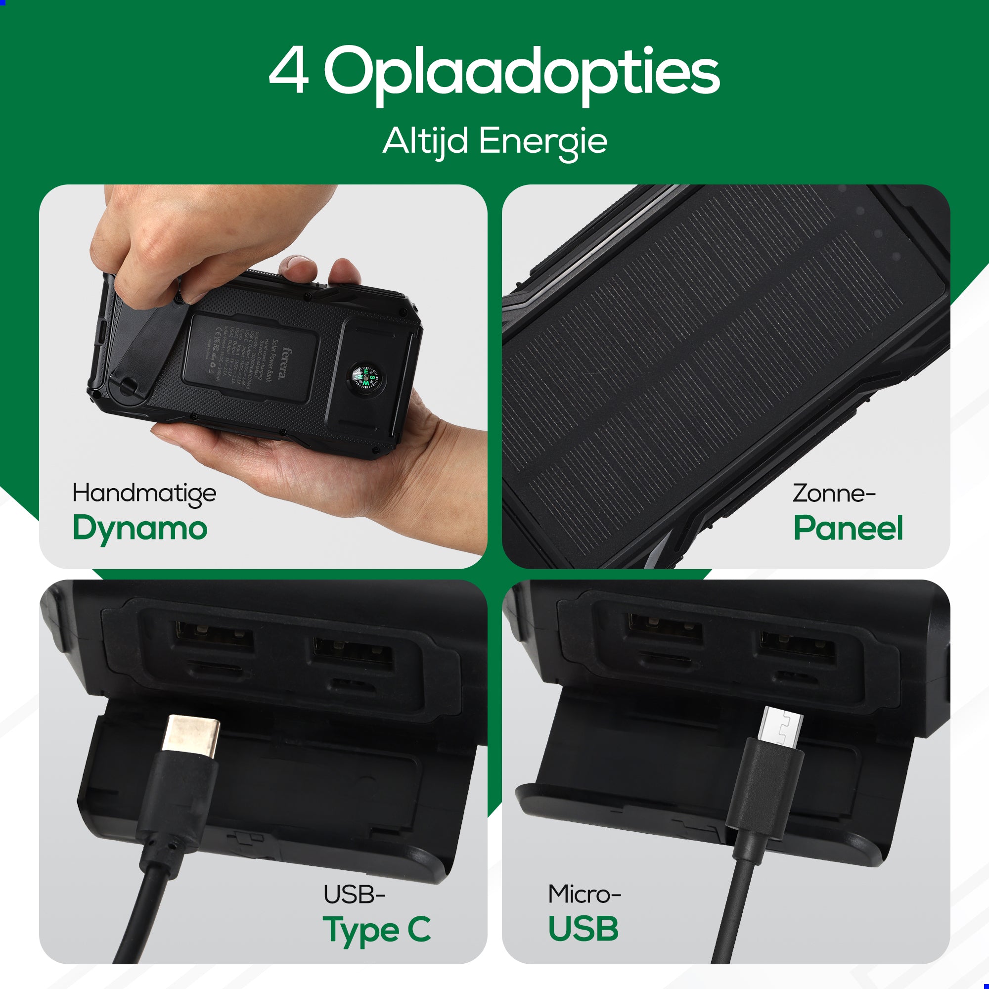 Ferera Solar Powerbank - Opwindbaar