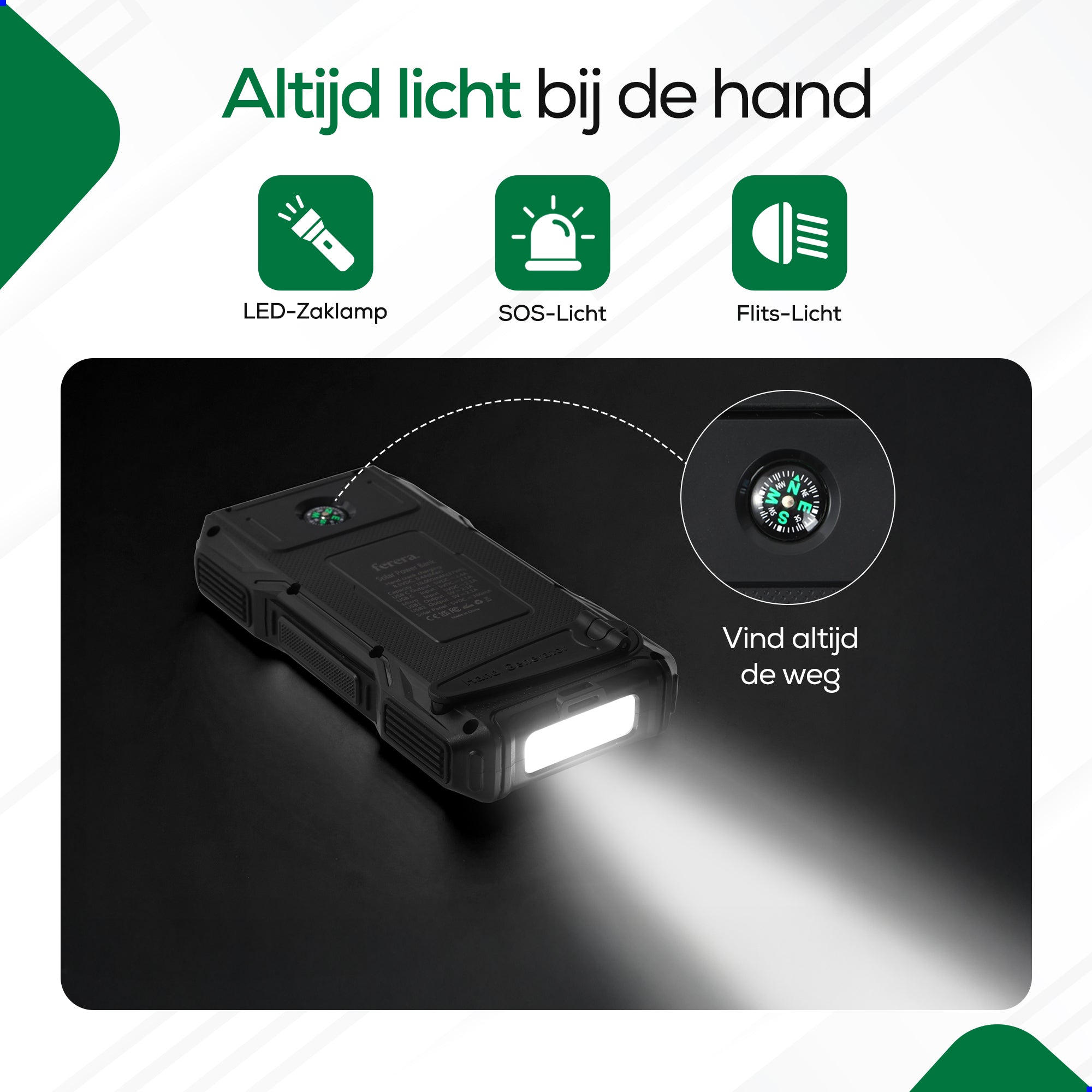 Ferera Solar Powerbank - Opwindbaar