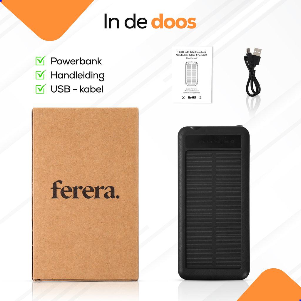 Ferera Solar Powerbank- ingebouwde kabels