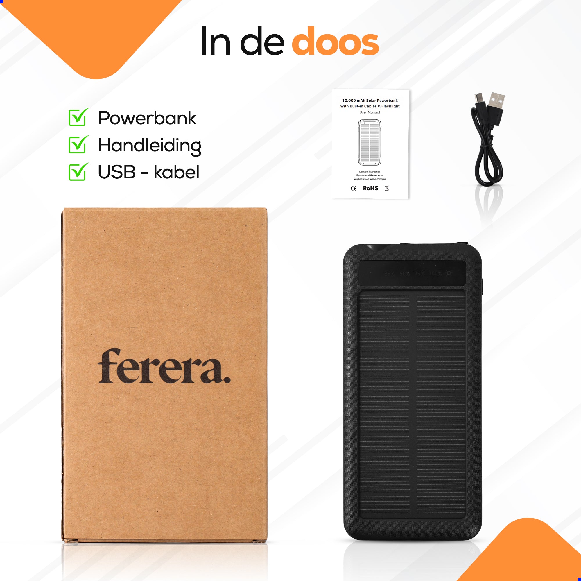 Ferera Solar Powerbank- ingebouwde kabels