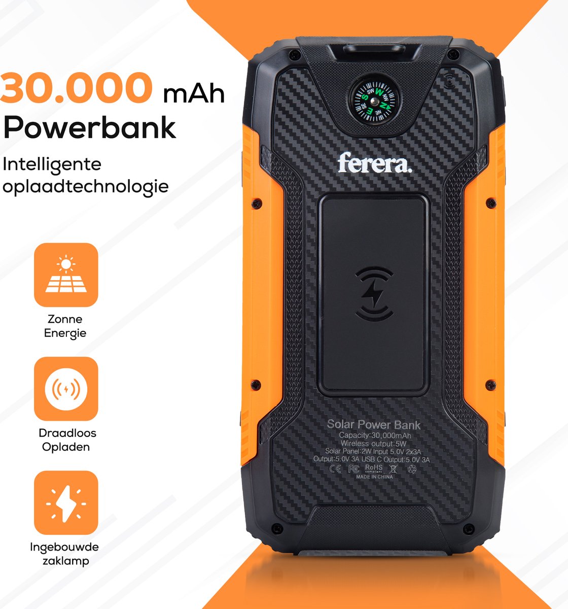 Ferera Powerbank 30.000 mAh Zonneenergie