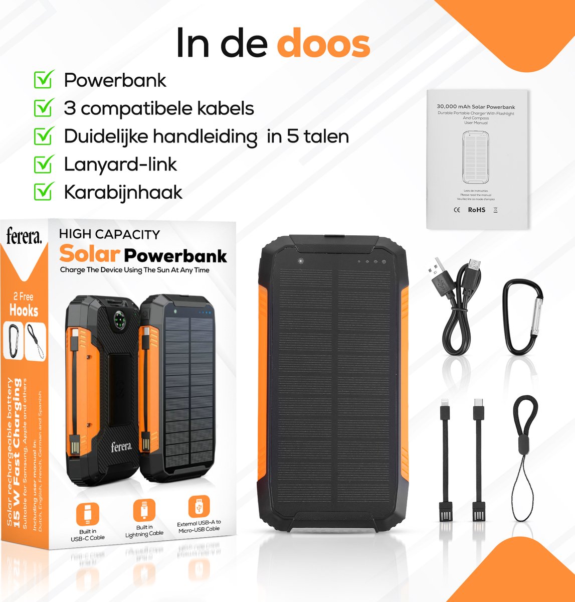 Ferera Powerbank 30.000 mAh Zonneenergie