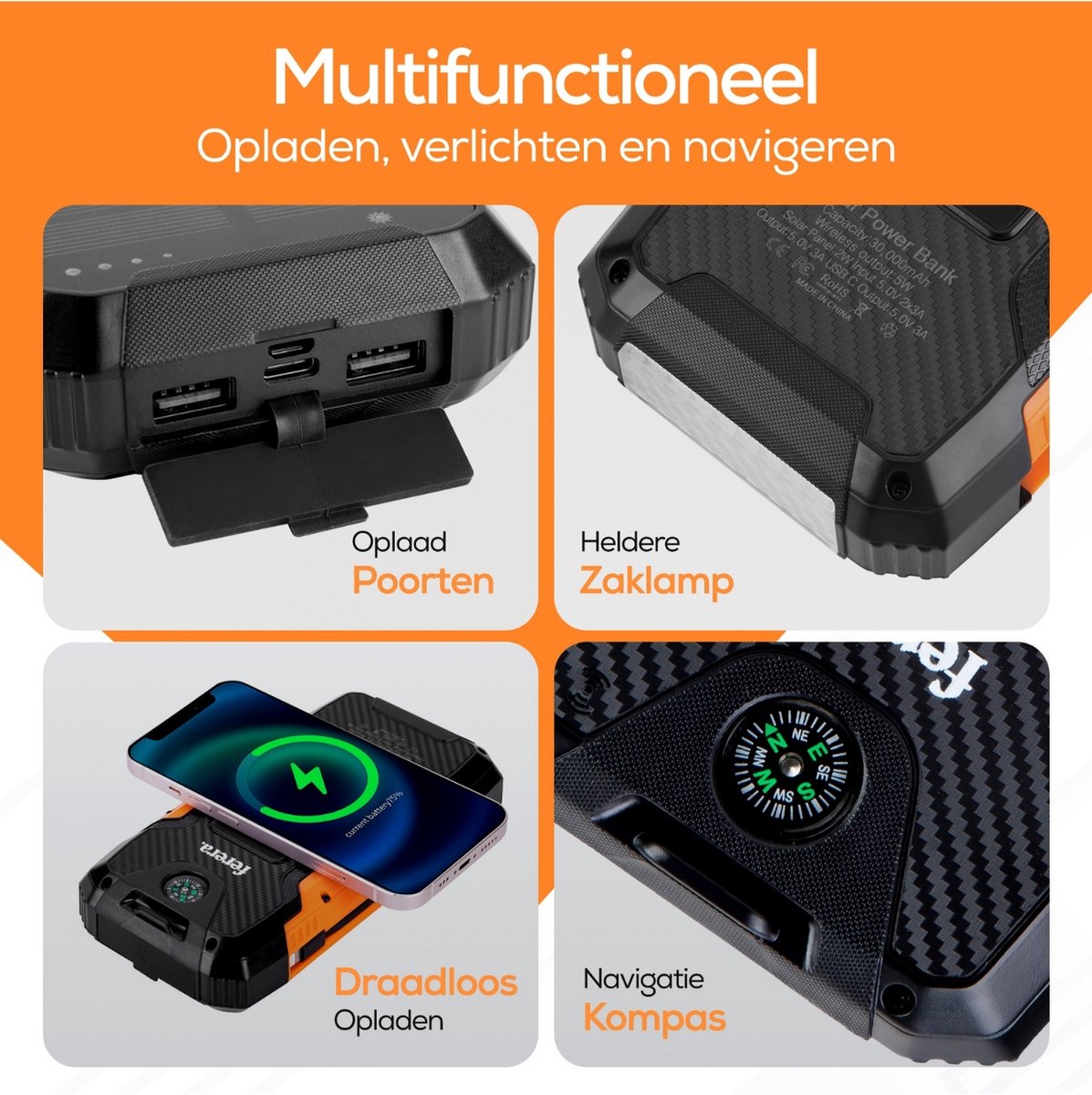 Ferera Powerbank 30.000 mAh Zonneenergie