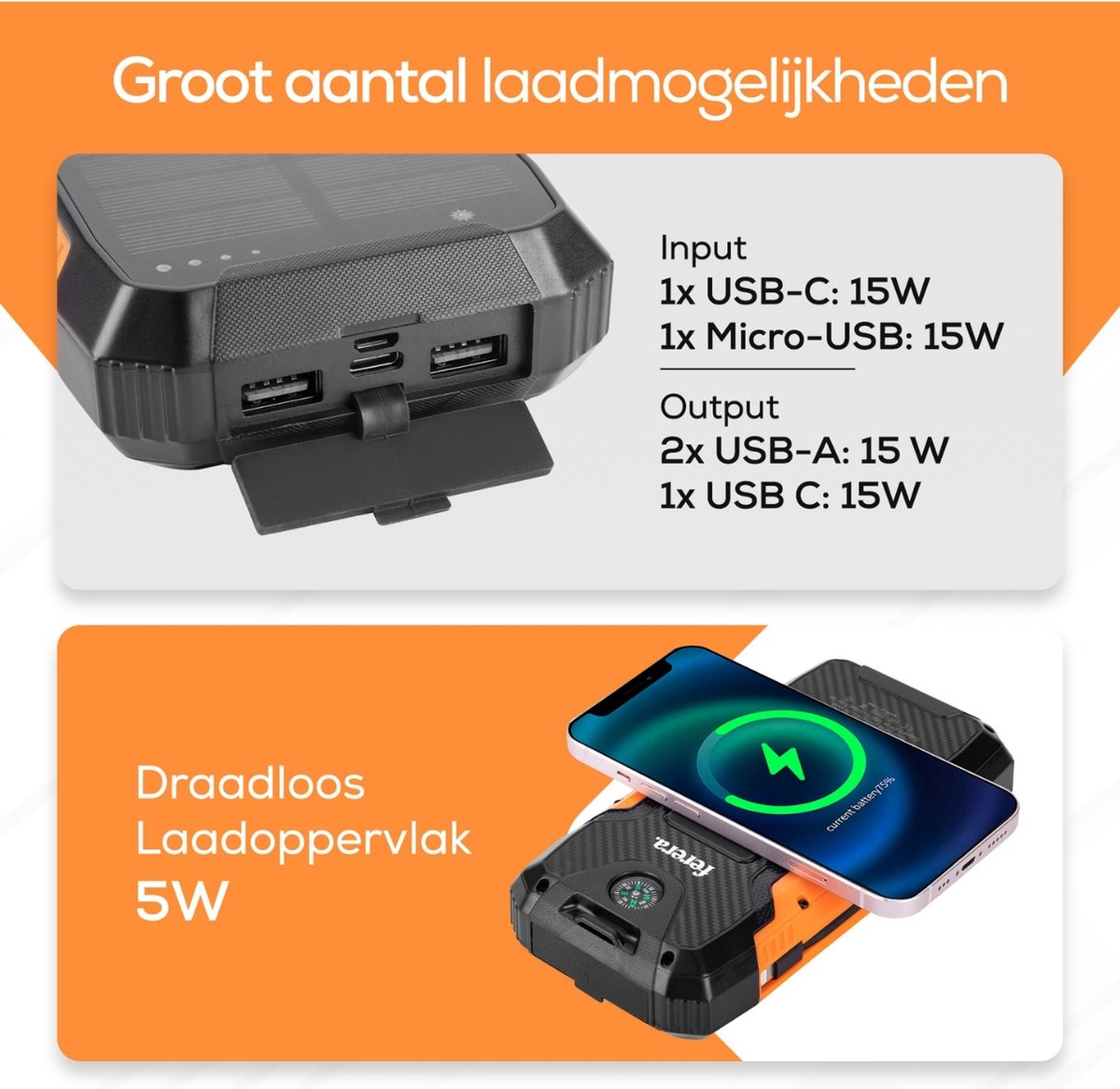 Ferera Powerbank 30.000 mAh Zonneenergie