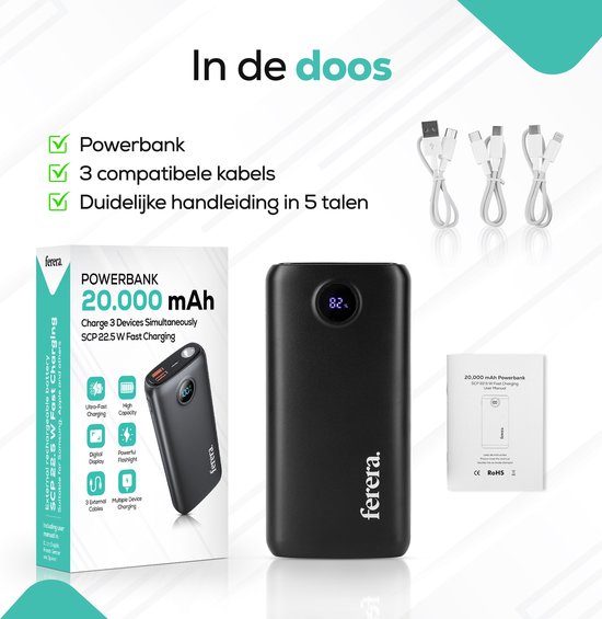 Ferera Powerbank 20.000 mAh zaklamp
